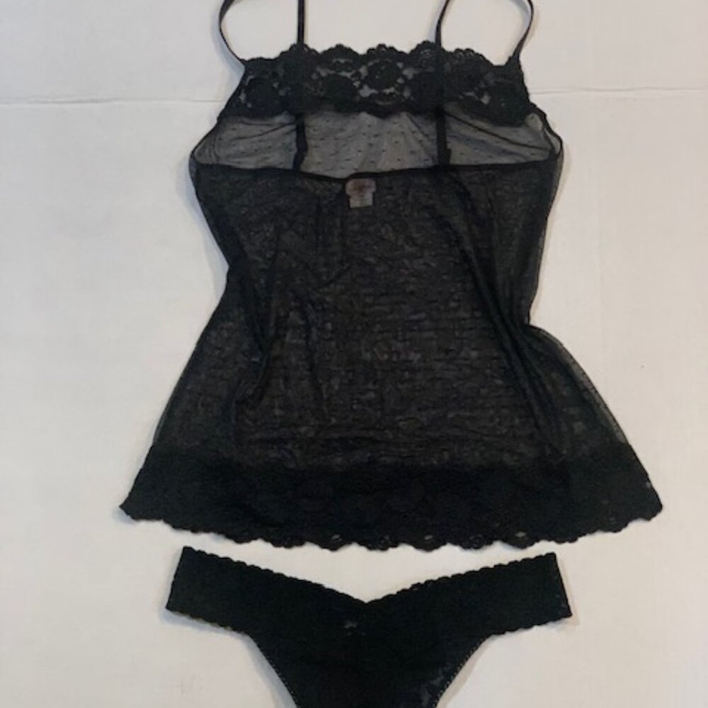 Jezebel Black Lace Trim Camisole Small Form-Fitting  Includes: high-cut panty